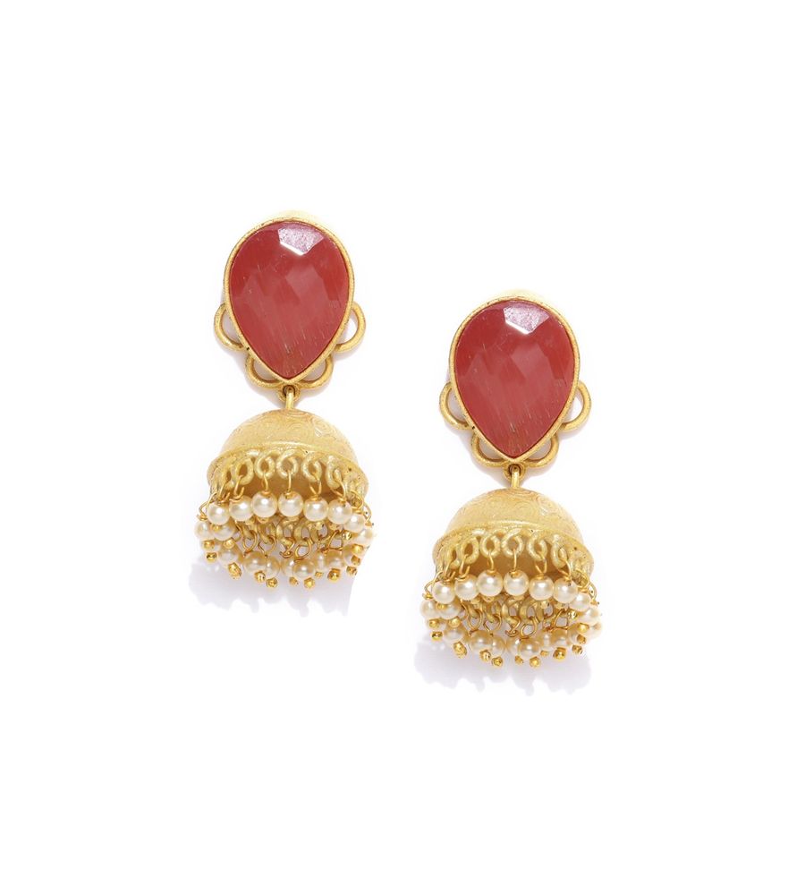 YouBella Rust Orange Gold-Plated Teardrop Shaped Jhumkas